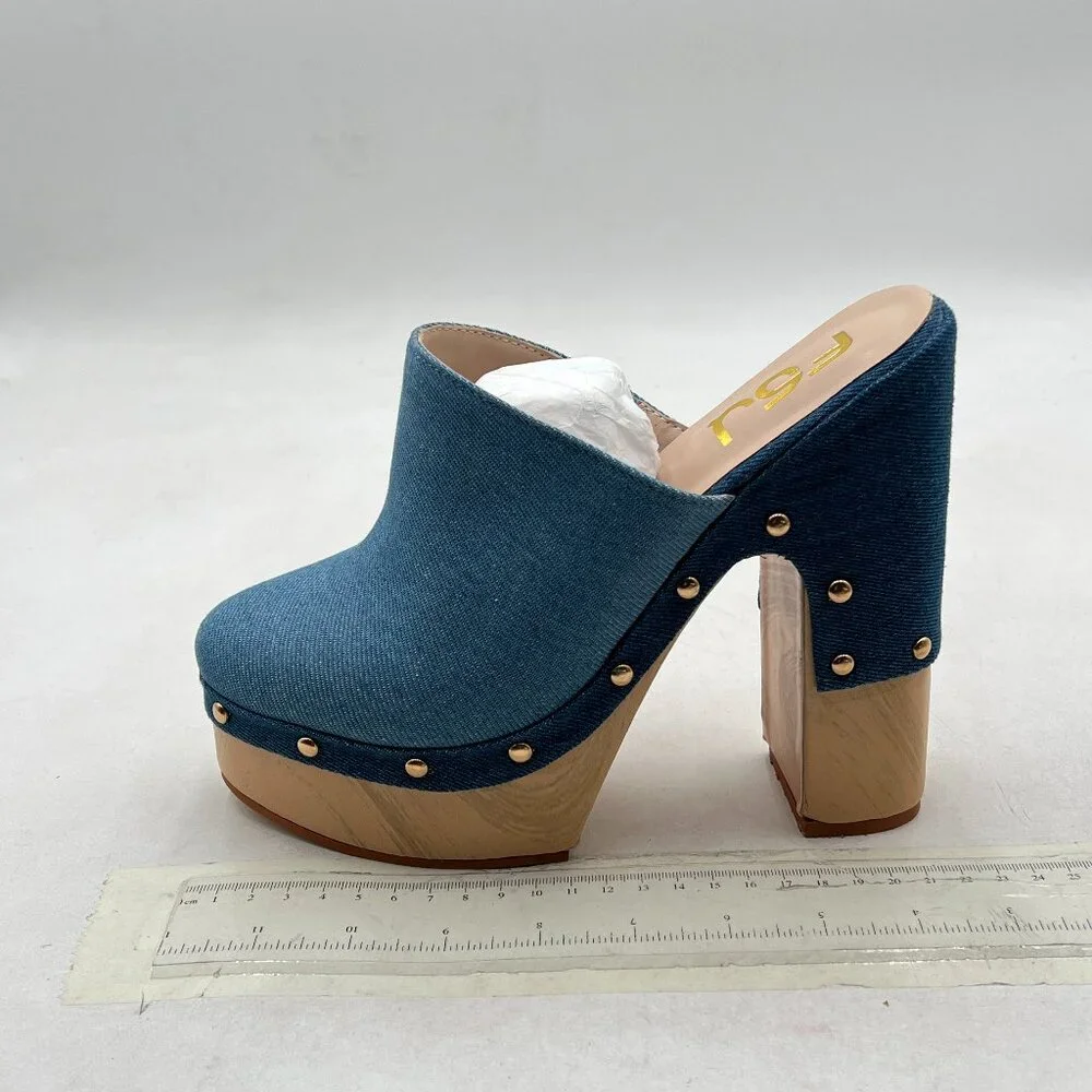 FSJ Blue Denim Round Toe Mules High Chunky Heel Slip On Platform Wooden Sandal - Picture 2 of 8